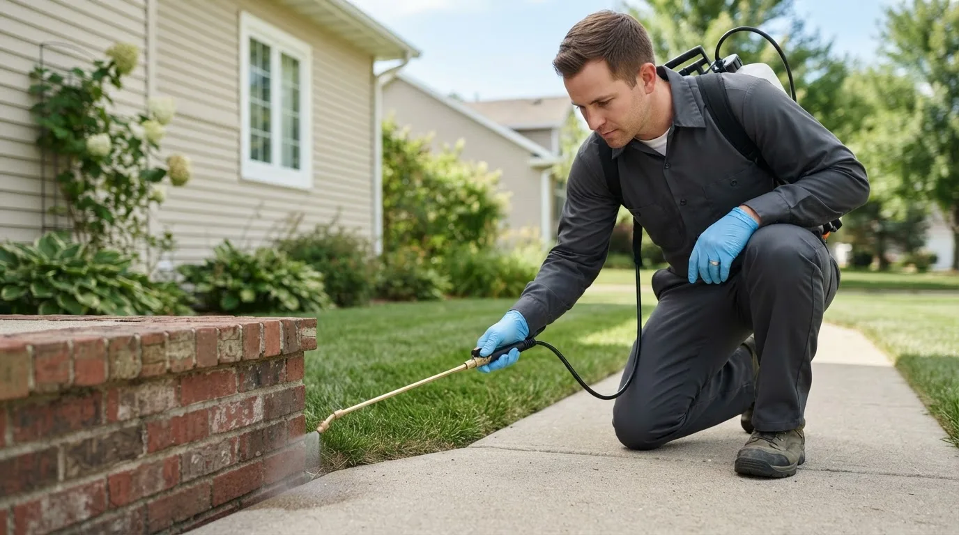 Pest control technician treating a home near Tennyson, IN